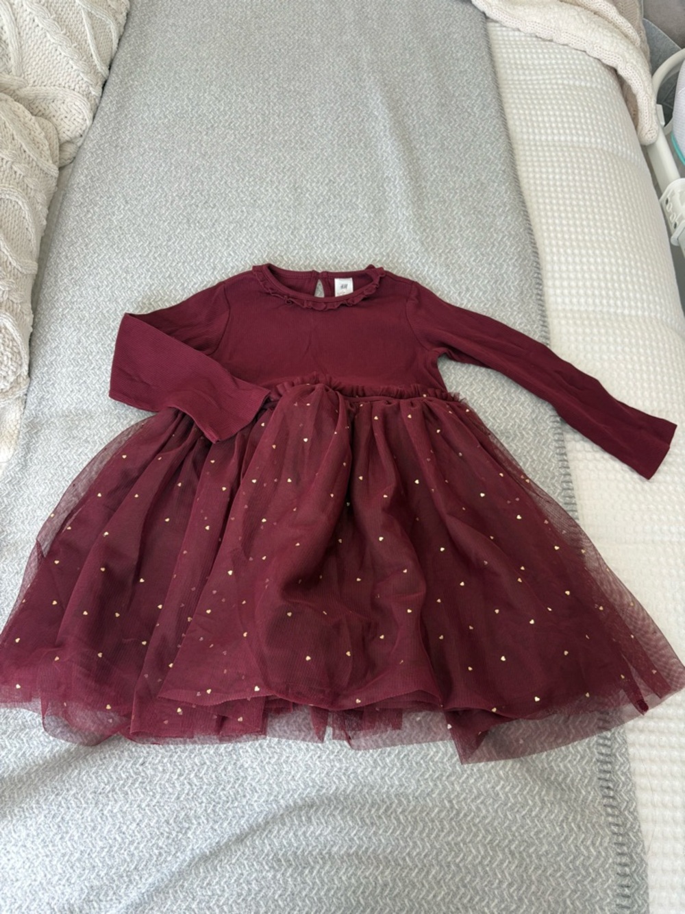 H&M Burgundy Long Sleeve Tulle Party Dress with Gold Dot Accents